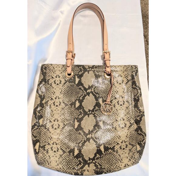 Michael Kors Python Embossed Leather Large Tote Snakeskin Neutrals GUC - Picture 1 of 12
